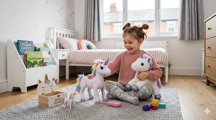 A 5 year old girl playing with a variety of magical unicorn toys on a bedroom rug with natural British morning light. unicorn toys for 5 year old girl