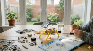 A photorealistic, highly detailed 4K image showing the components of a 6-in-1 solar-powered build-your-own robot kit spread across a wooden table in a sunlit UK home.
