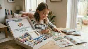 A 9-year-old girl painting a floral garden scene on a small canvas using an acrylic paint-by-numbers kit for beginners.