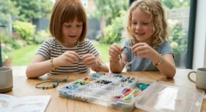 Two young friends smiling and sharing the jewellery making kit at a table, one holding up a Best Friends bracelet they have just created.