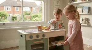 Two 3 year old children engaging in collaborative role play at a large wooden play kitchen.