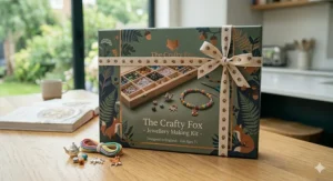 Professional product photography of The Crafty Fox jewellery making kit in its forest-green gift box, featuring British-inspired fox and floral illustrations.