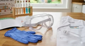 Child-sized safety goggles, nitrile gloves, and a lab coat included in a chemistry set for 10 year olds.