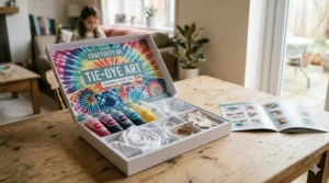 A creative tie-dye art craft set for kids including bottles of colourful fabric dye, elastic bands, and a white cotton T-shirt ready for DIY design.