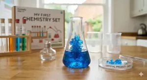 Close-up illustration of a crystal-growing experiment, a popular feature in UK chemistry sets.