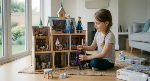 A 6 year old girl playing with a large, intricately detailed wooden Disney Frozen 2 Arendelle Castle doll's house.