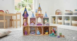 A large Disney Princess dolls’ house with turrets and furniture, suitable for preschool children’s imaginative role-play.