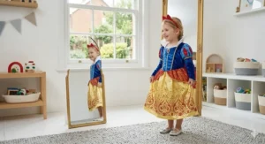 A child wearing a Snow White fancy dress costume, perfect for 4-year-old Disney Princess role-play in a home setting.