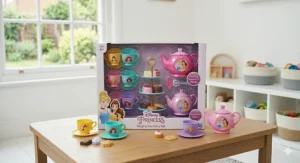 A plastic Disney Princess tea party set with a teapot and cups, designed for 4-year-old social play.
