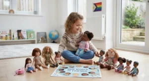 A diverse range of dolls with different skin tones and hair textures to encourage inclusive play.