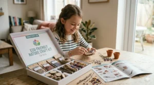 An eco-friendly nature craft kit for girls showing dried lavender, wooden discs, and twine for creating rustic, sustainable decorations.