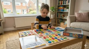 A 5-year-old girl using a wooden maths and counting puzzle, featuring colourful numbers and symbols, to support KS1 learning.