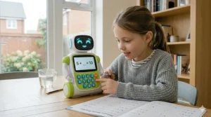 A photorealistic 4K image of an 8 year old British girl in a sunlit UK living room, using an interactive educational maths robot to solve arithmetic problems, with open workbooks and pencil visible.