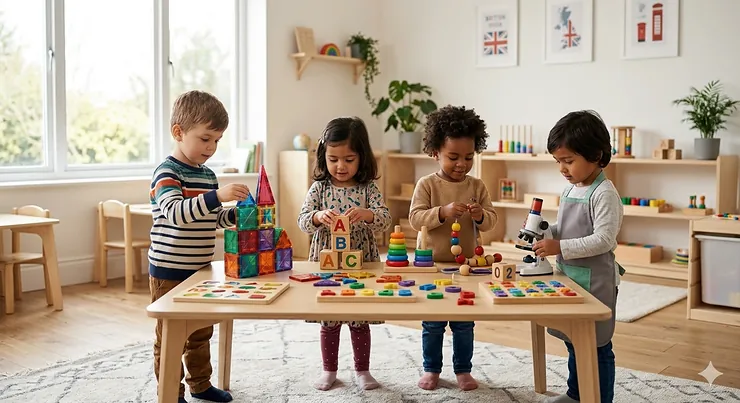 A group of four diverse British 3-year-olds playing together at a wooden table in a sunlit nursery, using educational toys like magnetic tiles, ABC blocks, and a sorting stacker. educational toys for 3 year old