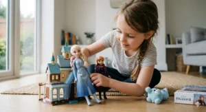 A close-up photograph of a 6 year old girl's hands positioning Disney Frozen 2 Elsa and Anna dolls while playing on a rug.