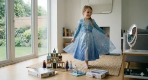 A 6 year old girl smiling and twirling in a shimmering Disney Frozen 2 Elsa fancy dress costume with a snowflake cape.