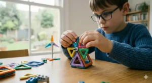A photorealistic extreme macro photograph of an 8-year-old British child's finger making precise contact with a colourful coding block on a tablet screen, demonstrating the development of fine motor skills.
