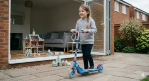 A 6 year old girl standing on a British stone patio with a blue and purple Frozen 2-wheeled folding scooter.