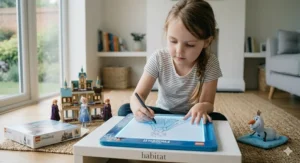 A 6 year old girl using a stylus to trace Elsa on a Disney Frozen light-up drawing pad at a white table.