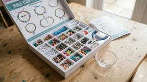 A detailed close-up of a jewellery making craft kit featuring various colourful beads, letter charms, and elastic cord organised in a white tray.