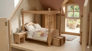A cosy attic bedroom inside a wooden dollhouse with floral wallpaper and a miniature wardrobe.