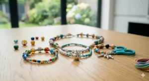 A selection of finished handmade bead bracelets and a necklace featuring alphabet beads and a silver teapot charm, displayed on an oak table.