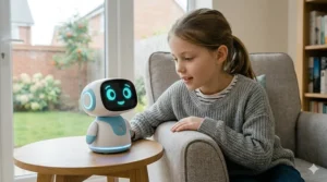 A photorealistic 4K close-up of a small, white and light blue interactive AI robot toy with expressive LED eyes glowing cyan, sitting on an oak table in a sunlit UK living room.