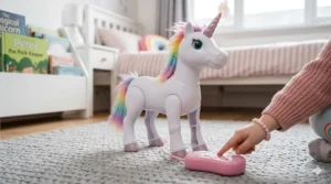 A photorealistic close-up of a white interactive walking unicorn toy with a rainbow mane and tail being operated by a child with a pink remote control.