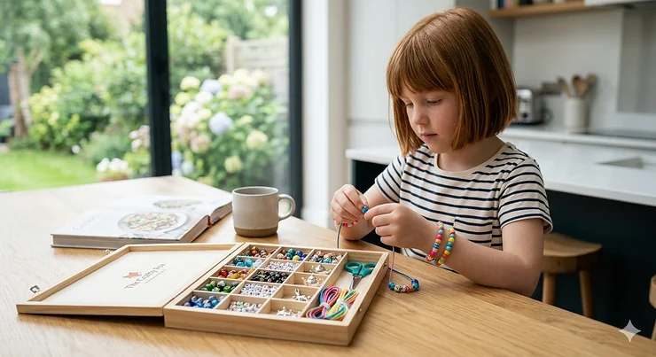A photorealistic image of a 7-year-old British girl threading colourful glass beads from a premium wooden craft kit, set in a modern UK kitchen with a garden view. jewellery making kit for 7 year old