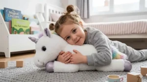 A 5 year old girl in a soft grey sleepsuit cuddling a large, very soft white plush unicorn toy with an iridescent horn and pastel rainbow mane.