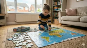 A child kneeling on a jute rug in a modern UK home, piecing together a large world map floor puzzle.