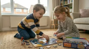 A brother and sister engaged in a cooperative logic game, sharing pieces of a colourful space-themed puzzle.
