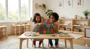 Two young children happily building a structure with colourful translucent magnetic tiles on a light wooden table, illustrating a popular STEM educational toy for 3 year olds in a modern nursery.