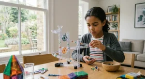 A photorealistic close-up of a Year 4 British girl thoughtfully building a complex clear plastic marble run, illustrating physics and logic principles at home with natural lighting.