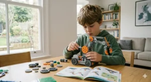 A photorealistic close-up of a Year 4 British boy intently assembling complex grey and orange gears and components of a robotic arm toy, demonstrating mechanical engineering skills at a light wood table.