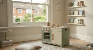 A stylish grey and white toy kitchen designed to fit modern British home interiors.