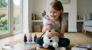 A 6 year old girl hugging a large, soft-sculpted Olaf the snowman plush toy in a bright, modern living room.
