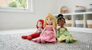 A row of plush Disney Princess soft toys, including Sleeping Beauty and Tiana, ideal for 4-year-old bedtime snuggles.