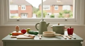 A set of toy pots, pans, and wooden play food suitable for a child's toy kitchen.