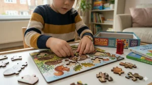 Close-up of a child's hands carefully fitting a wooden woodland-themed puzzle piece together to improve fine motor skills and coordination.