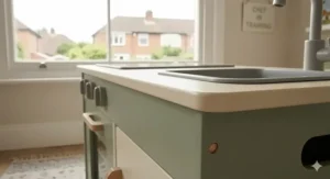 Detailed view of the sturdy construction and smooth rounded edges on a toy kitchen for 3 year olds.