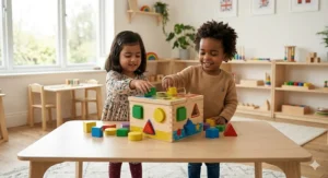Two 3-year-olds in a pre-school, wearing high-quality cotton clothes, collaboratively playing with a large colourful wooden shape sorter, a classic educational toy helping them learn colours and geometric shapes in a bright modern nursery.