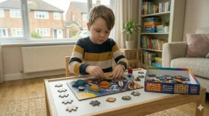 A 5-year-old boy assembling a space-themed 3D puzzle with planets and rockets on a white play table.