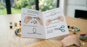 An open instruction booklet titled Tie Your Knots, showing clear, easy-to-follow diagrams for children to learn jewellery making techniques.