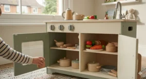 An organised play kitchen with cupboards and shelves for storing toy tea sets and baking kits.