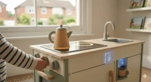 Close-up of an interactive toy kitchen for 3 year olds featuring a light-up hob and clicking knobs.