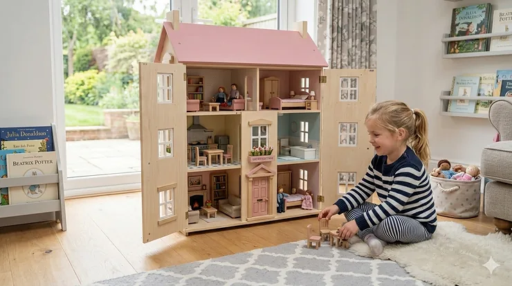 A large three-storey traditional wooden dollhouse for girls with a pink roof and opening front panels, styled in a bright British playroom. wooden dollhouse for girls