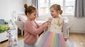 A young British girl in a pink jumper carefully helping her sister into a colourful fancy dress unicorn costume in a naturally lit bedroom.