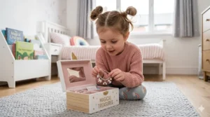 A young British girl in a pink jumper carefully opening a detailed wooden unicorn-themed jewellery box to reveal charms and trinkets.