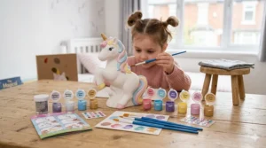 A photorealistic close-up of a unicorn-themed arts and crafts painting kit with a partially painted ceramic unicorn and small paint pots.